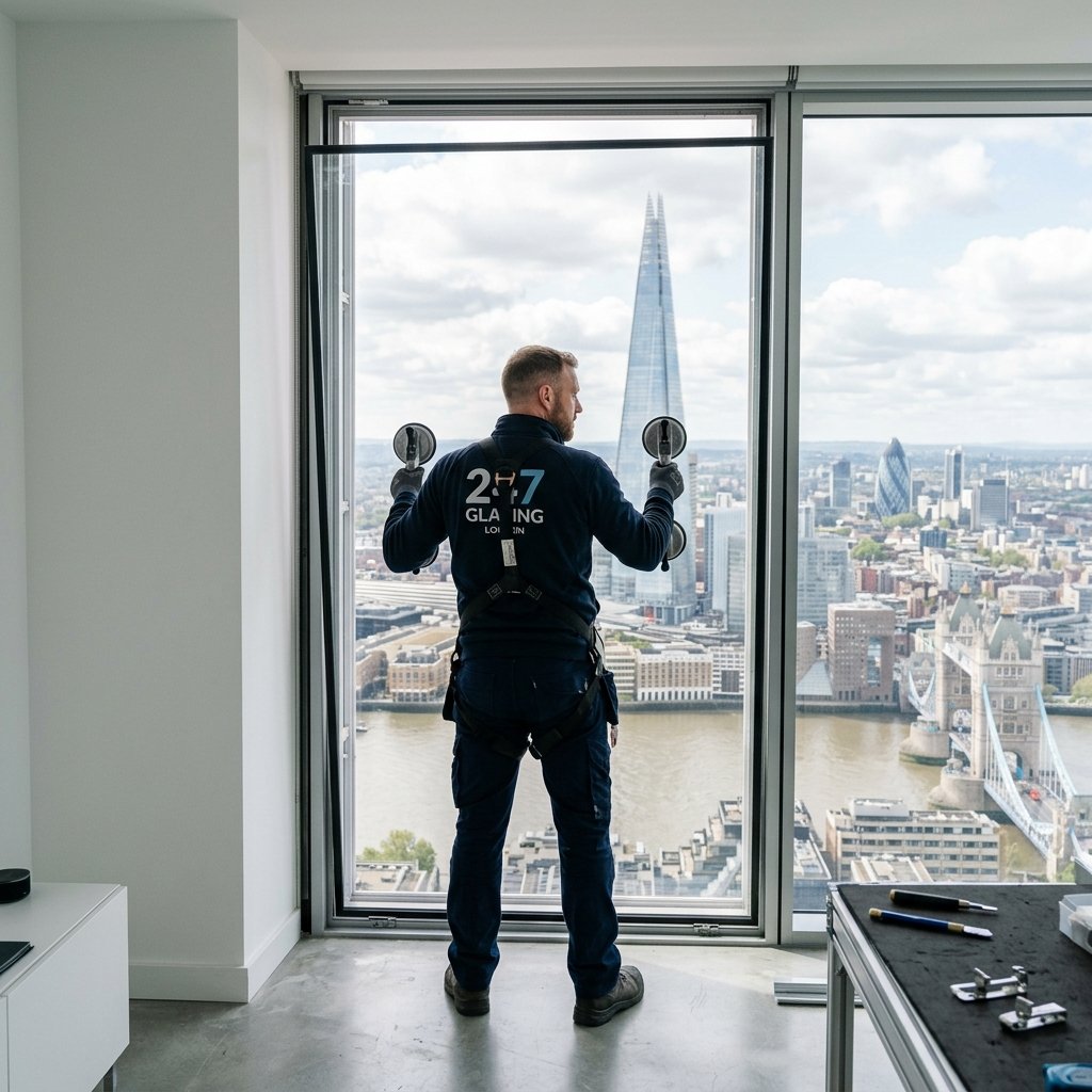 Professional glazing technician replacing a window with London skyline view